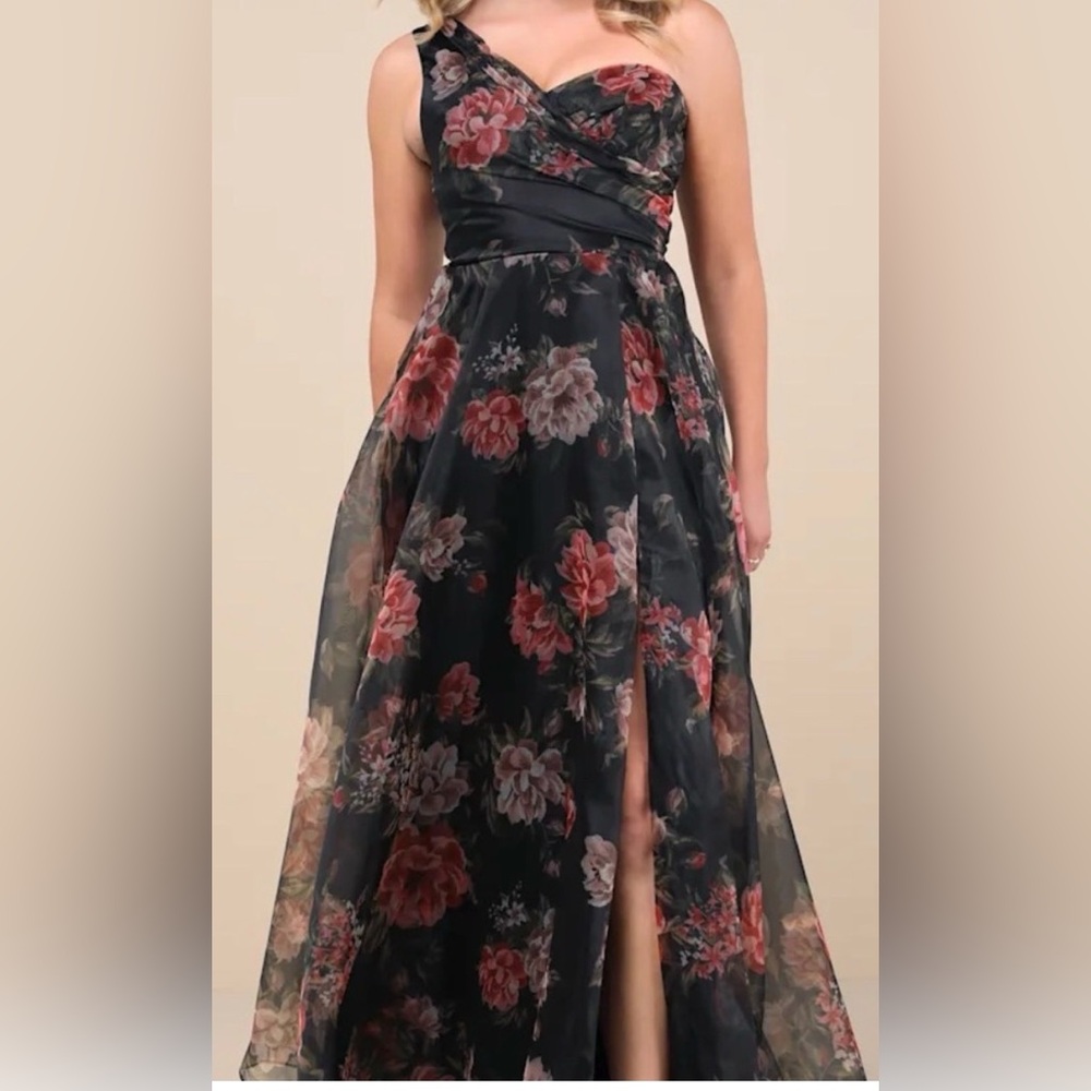 Lulu's Black and pink Floral One-Shoulder Dress